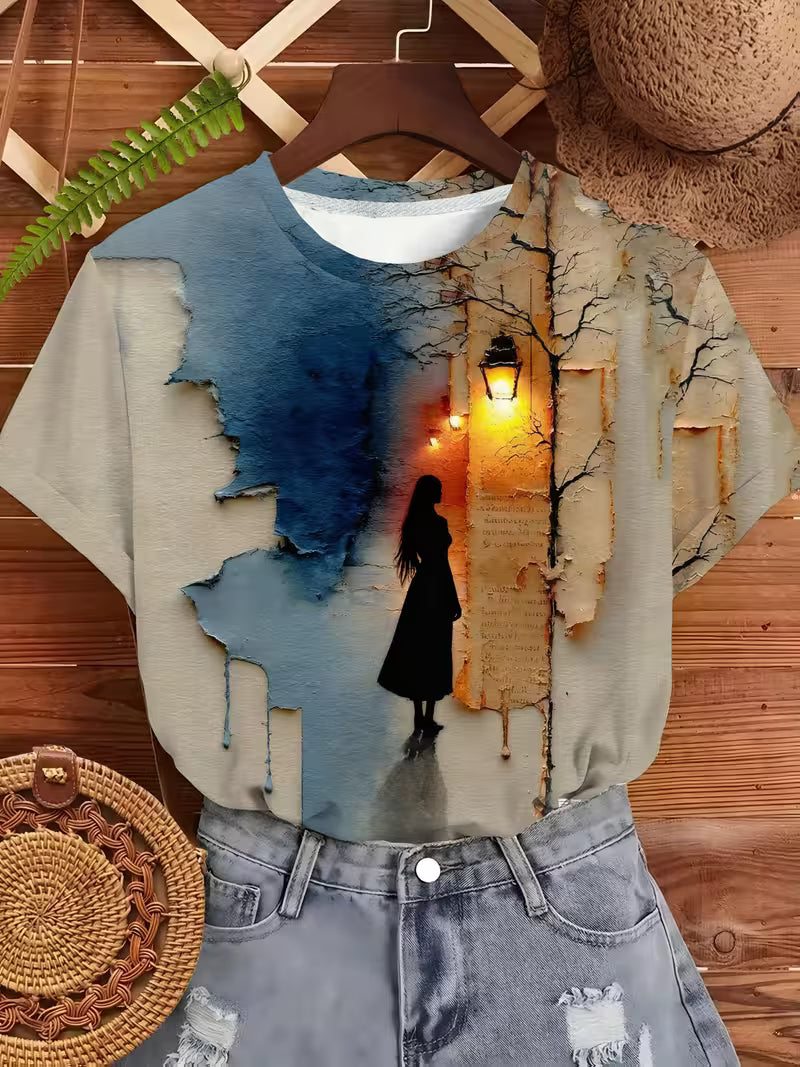 Vintage Ripped Paper Print Short Sleeve T-Shirt for Women