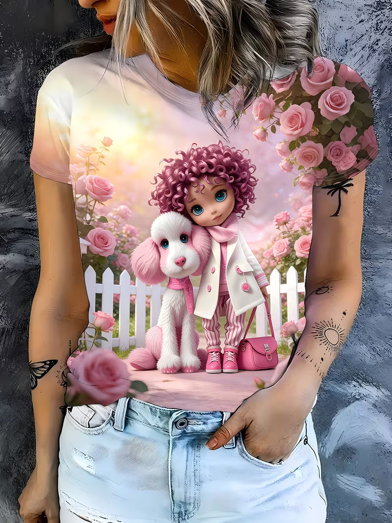 INS-style Pink Cartoon Doll & Cute Pet Dog Printed T-shirt