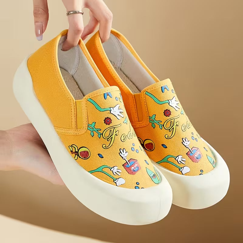 New Women'S Casual Shoes with Printed Breathable Lightweight Design Yellow
