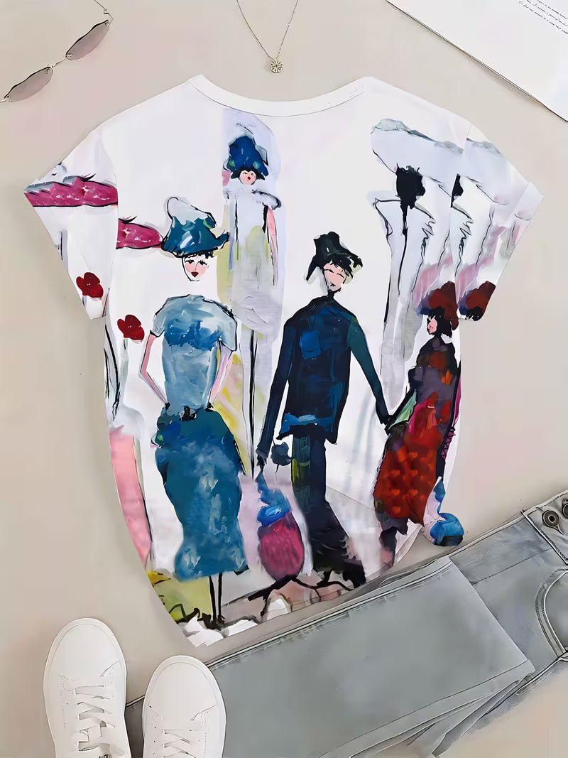 Women's Abstract Art Oil Painting T-Shirt - Vibrant Portrait Print Round Neck Short Sleeve Top