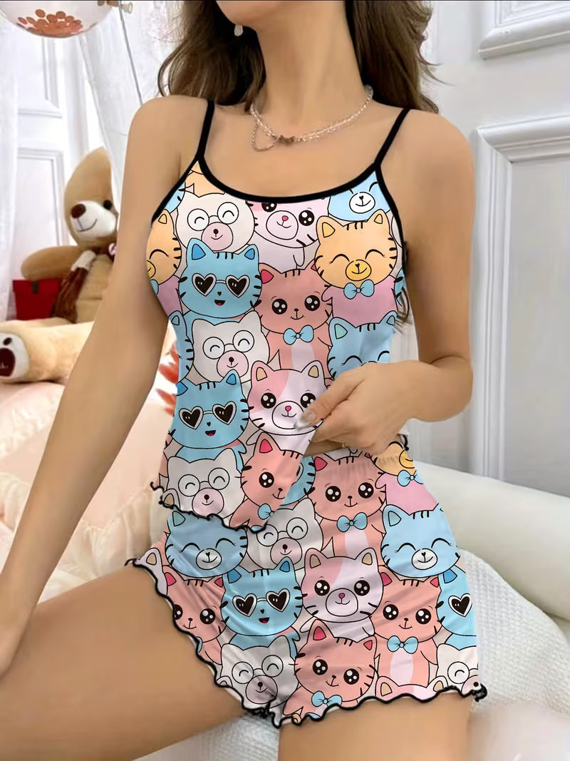 Women's Cat Cartoon Strappy Shorts Pajama Set