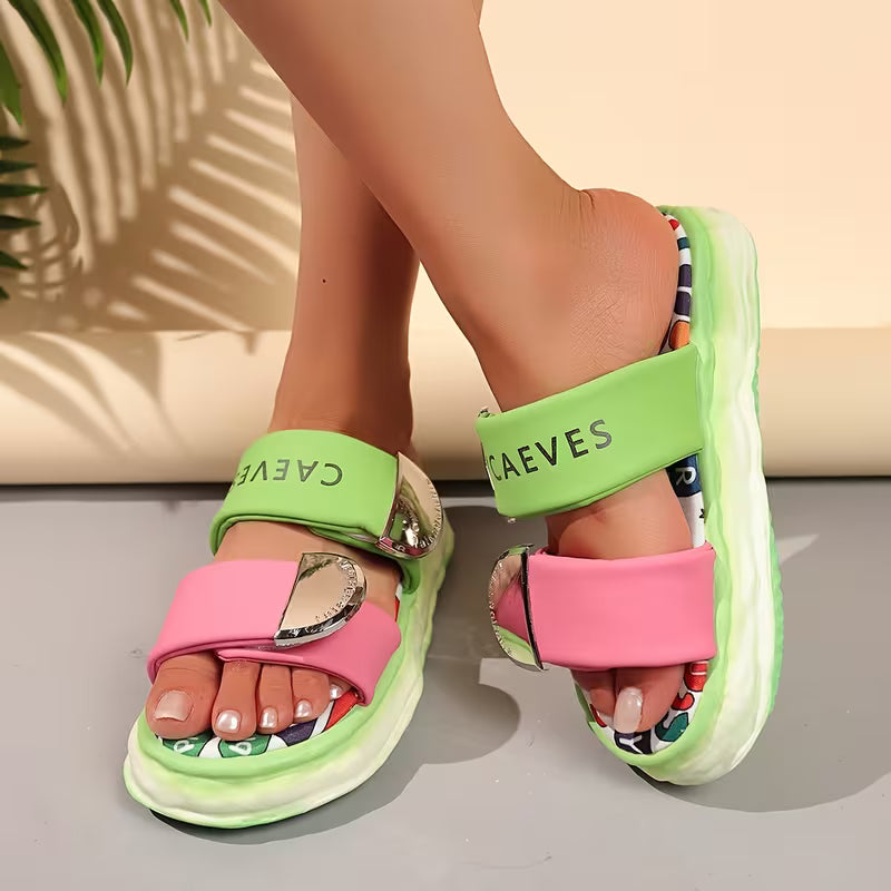 Women's Casual Fashion Letter Print Sandals, Women Shoes Green