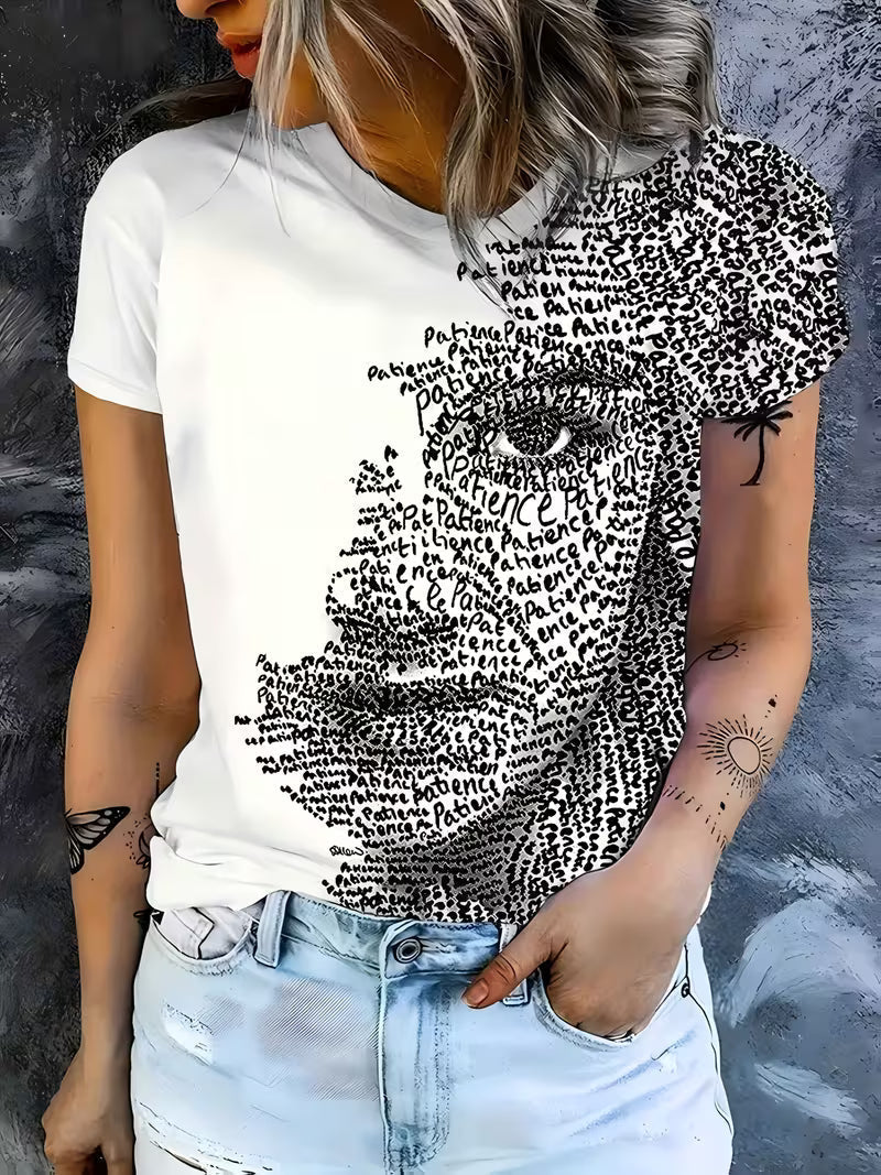 Women's Patience Letter Art Portrait T-Shirt - Abstract '' & 'T' Letter Round Neck Short Sleeve