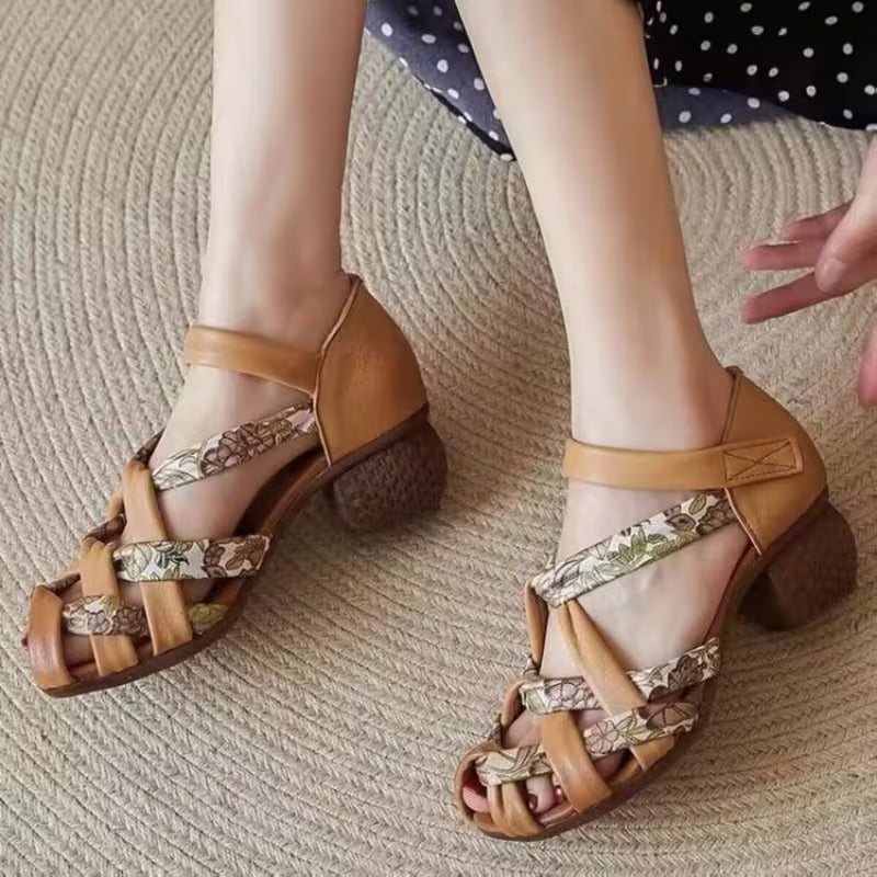 Ethnic Style Color-blocking Lace-up Sandals Women Ginger