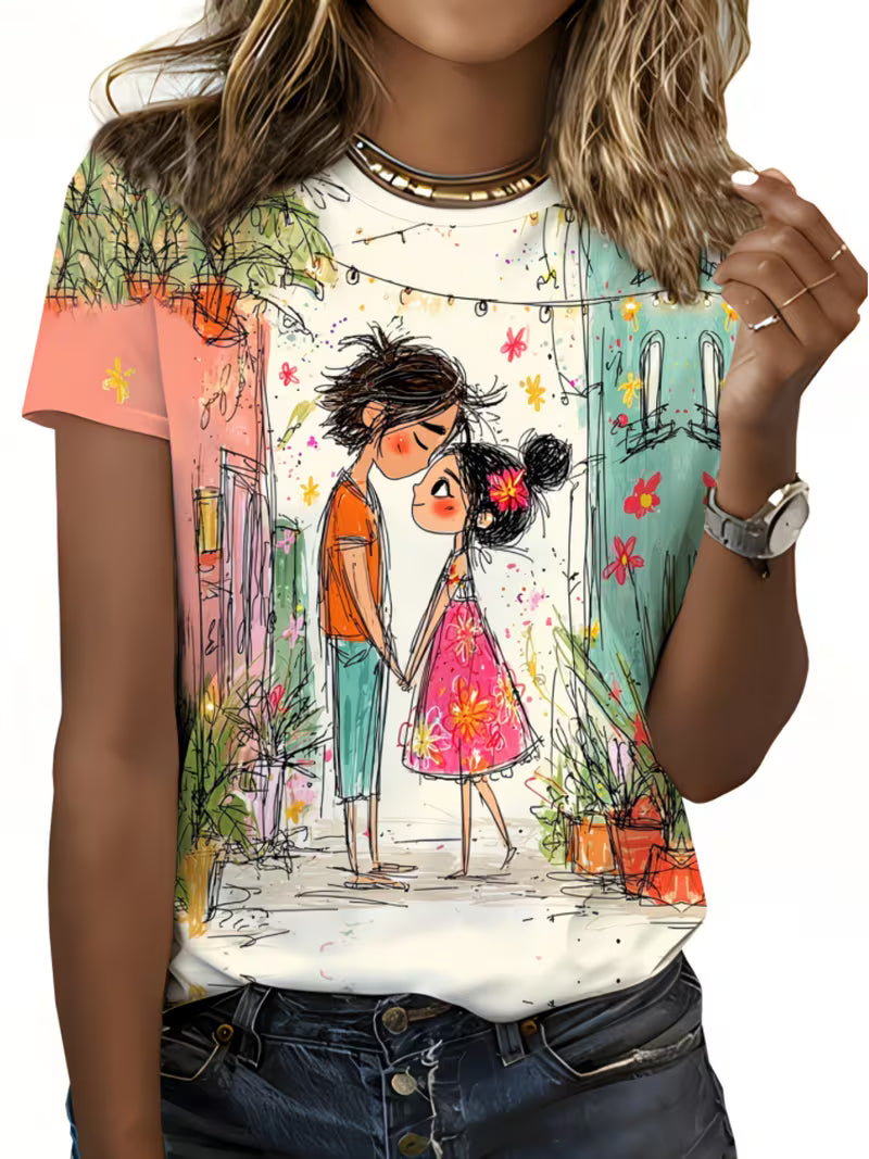 A Casual Round-neck Short-sleeve T-shirt Featuring a Vibrant Valentine's Day Doodle-style Alley Scene