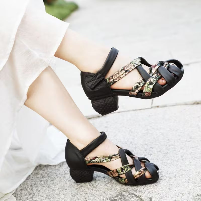 Ethnic Style Color-blocking Lace-up Sandals Women Black
