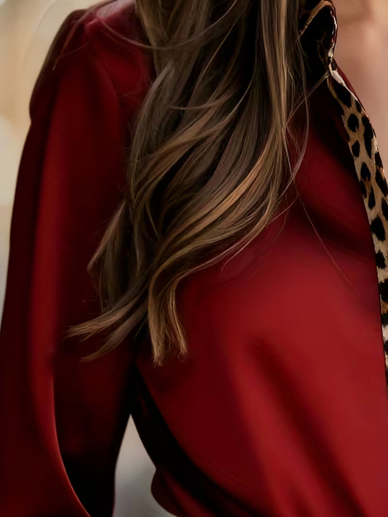 A Stylish Solid Color Satin Shirt Leopard crimson