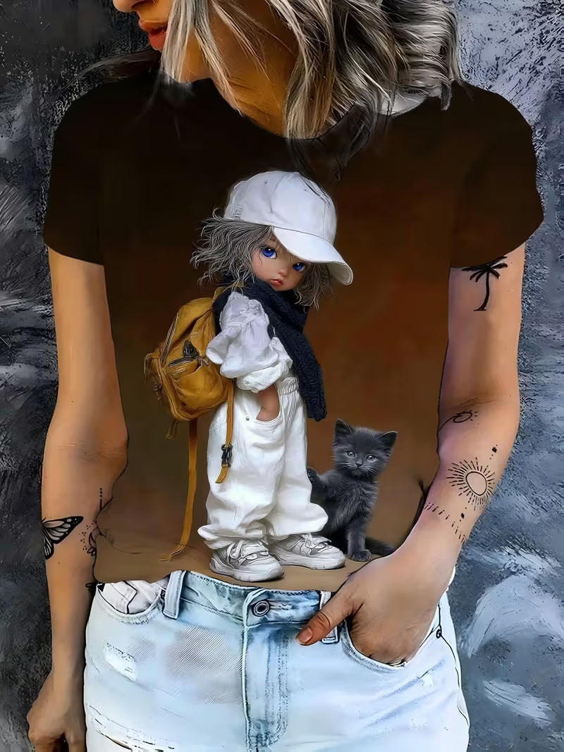 3D Cartoon Cute and Black Cat Print T-Shirt