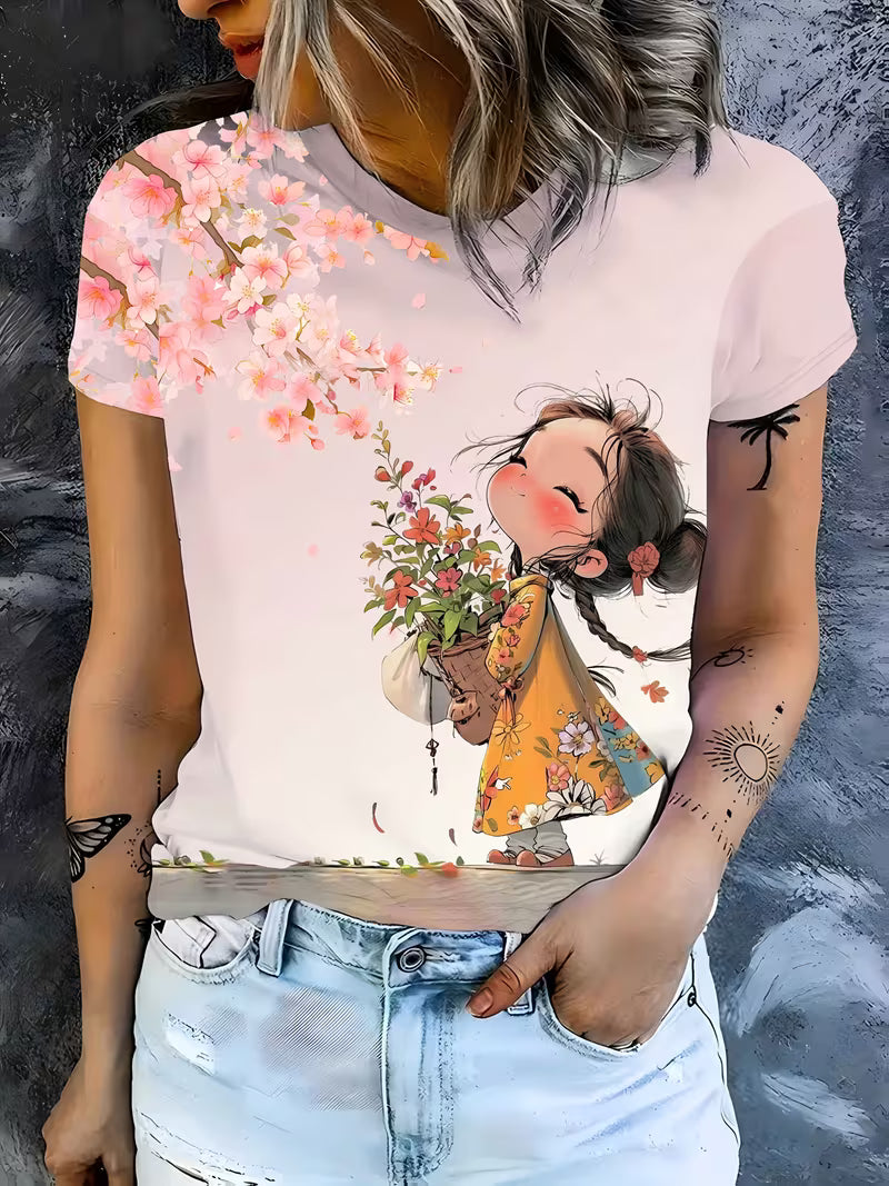 Women's Floral Cat Print T-Shirt