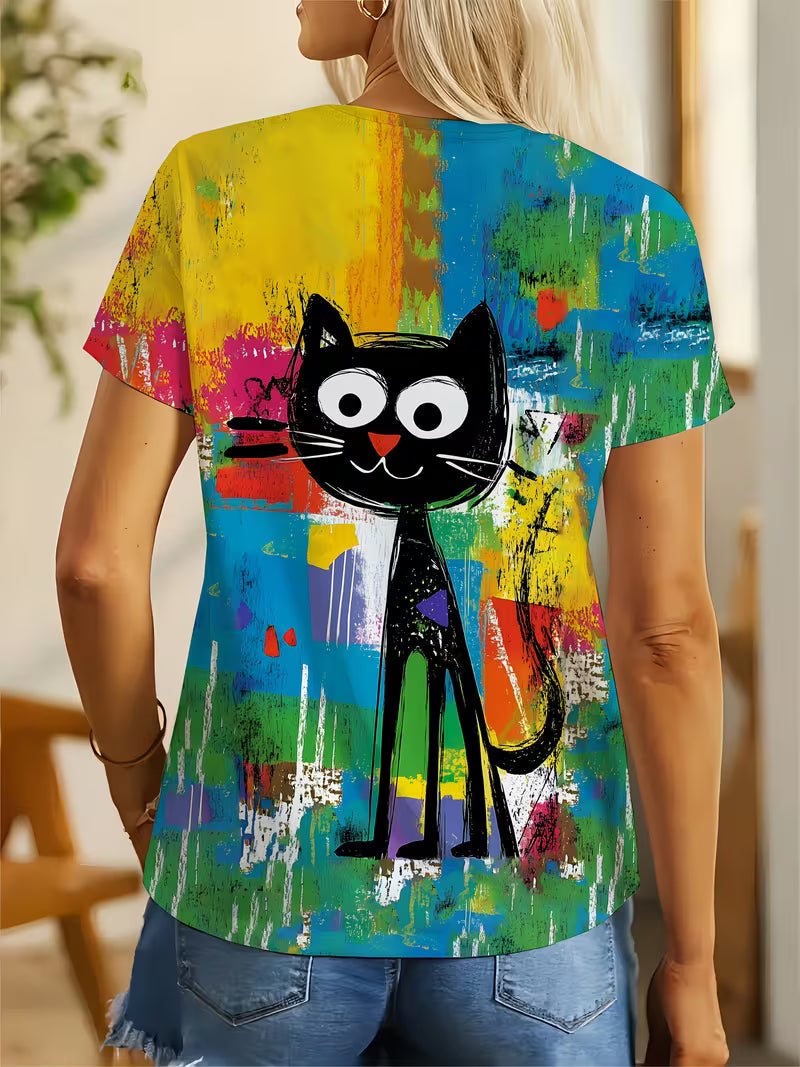 Women's Colorful Graffiti Black Cat Print T-Shirt - Vibrant Artistic Design, Soft Round Neck Casual Top