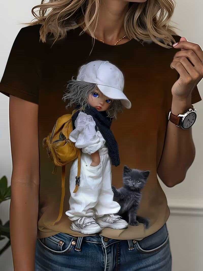 3D Cartoon Cute and Black Cat Print T-Shirt