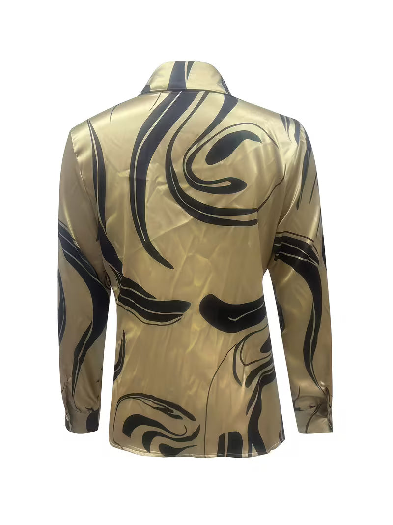 A Stylish Solid Color Satin Shirt Lapel Collar Gold