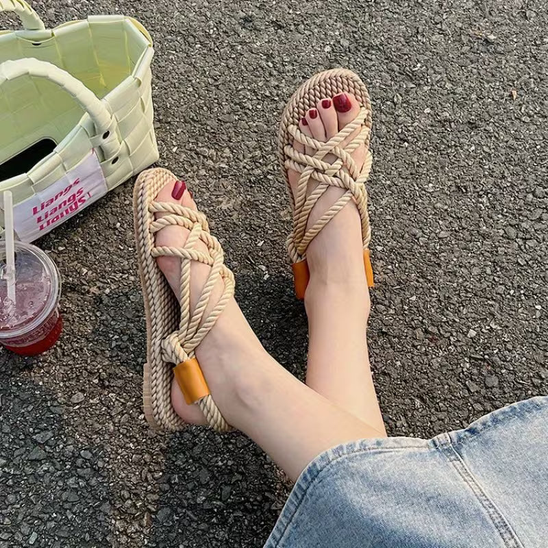 Sandals for Women Lightweight Fabric with Colorful Rope Design, Flat Heel, Cross Strap Colorful