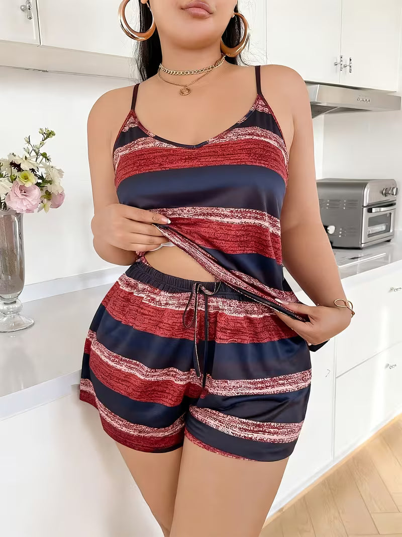 Camisole Shorts Pajama Set, 2pcs Loungewear, Striped Print, Suitable for Spring and Summer, Off-Shoulder Pajama Set