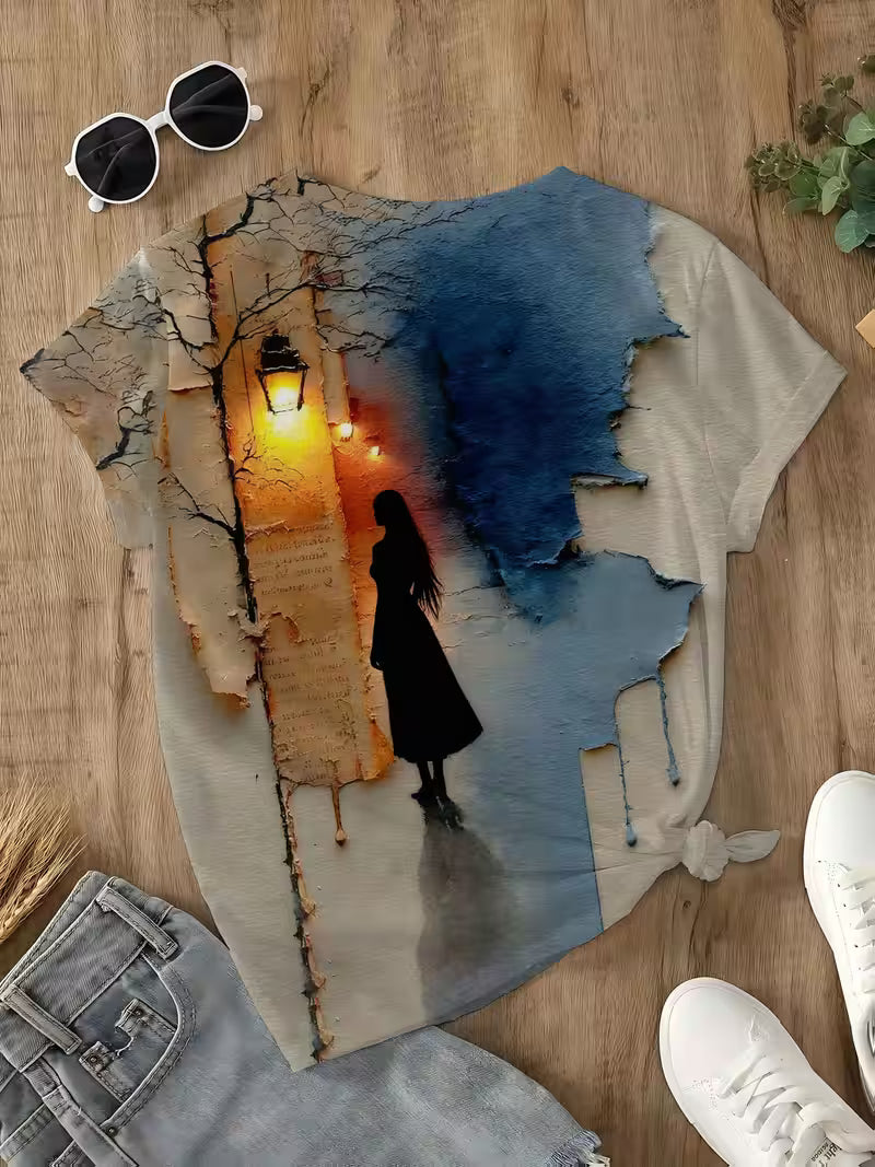 Vintage Ripped Paper Print Short Sleeve T-Shirt for Women