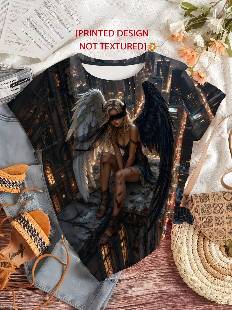 Printed Design - Plain Texture City Nightscape Dark Print T-Shirt