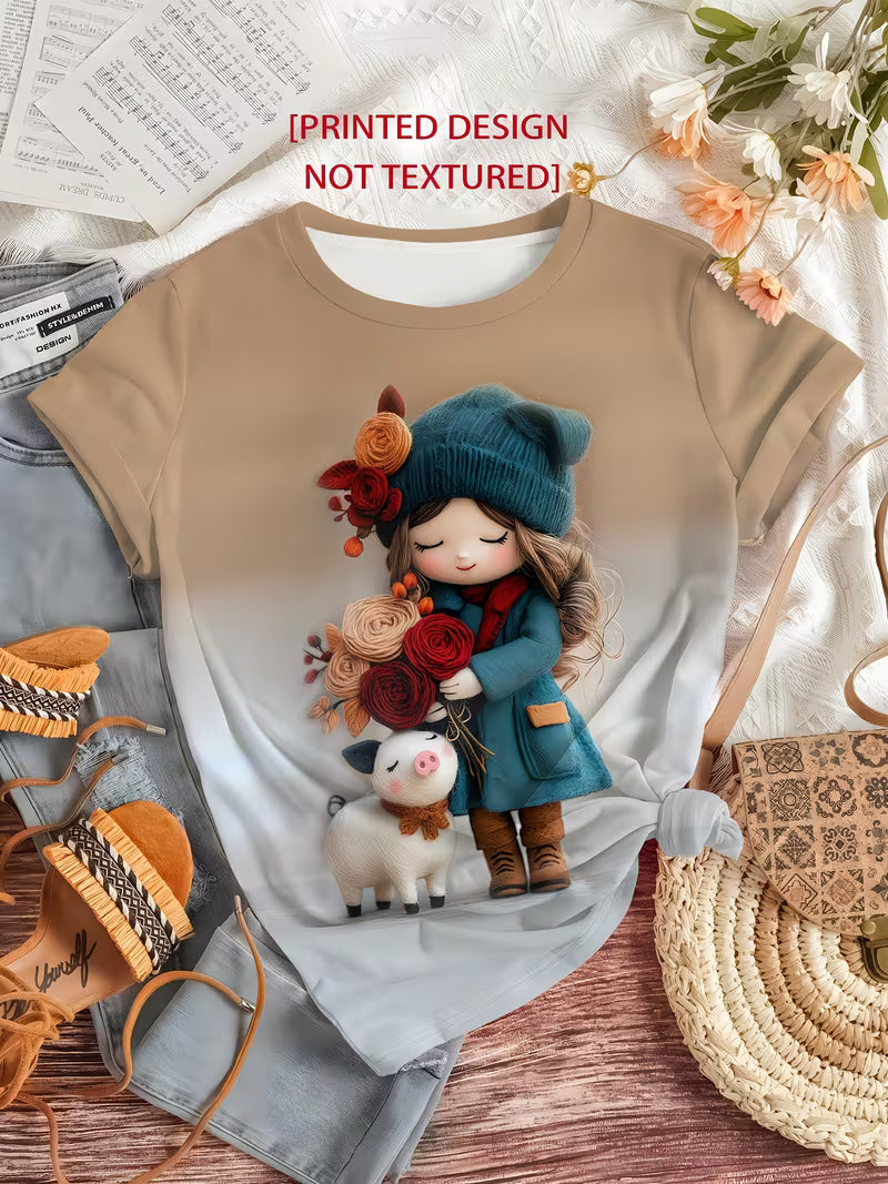 Gentle and Light Toned Outfit! Felt Texture Doll Hugging Flower+piglet Printed T-shirt