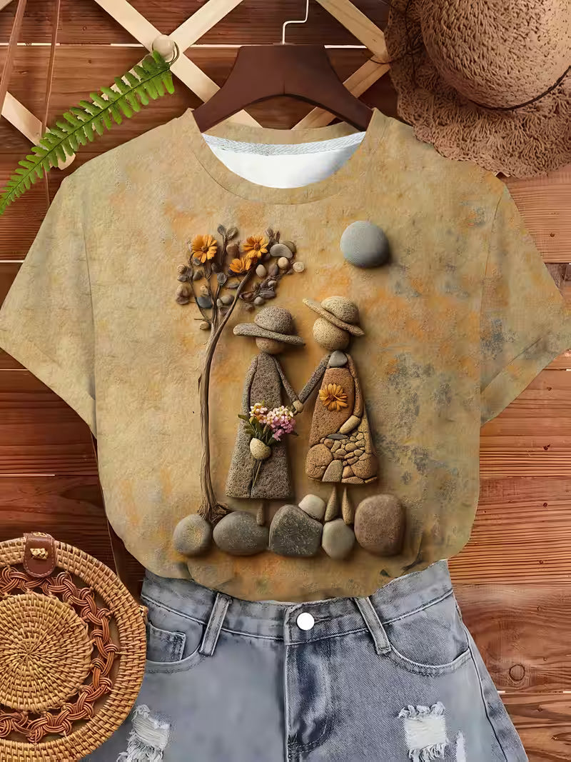 Women's Beige T-Shirt - Elegant Minimalist Stone Pattern Print