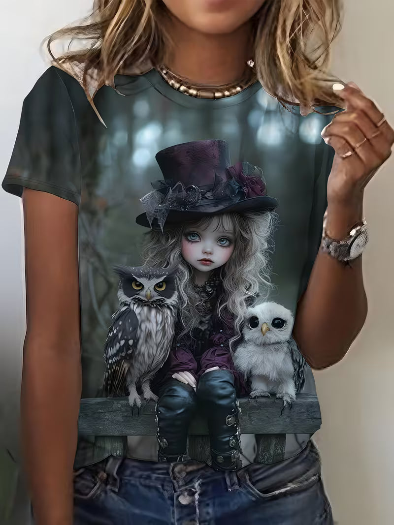 A Stylish T-Shirt for Women Featuring a Forest-Themed Design with a And an Owl Pattern