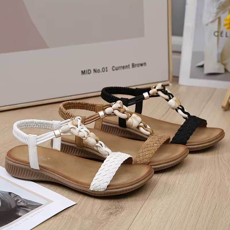 Women's Bohemian Beaded Ankle Strap Sandals White