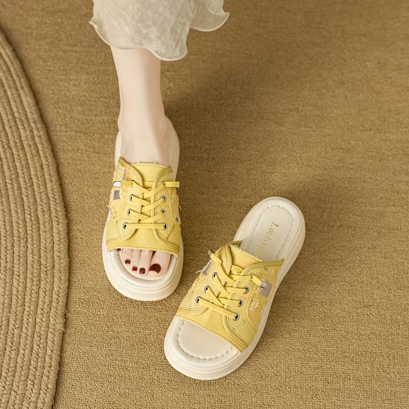 Ladies' White Platform Sandals with a Lace-Up Design And Geometric Pattern Embellishments, Featuring a Casual And Trendy Style Yellow