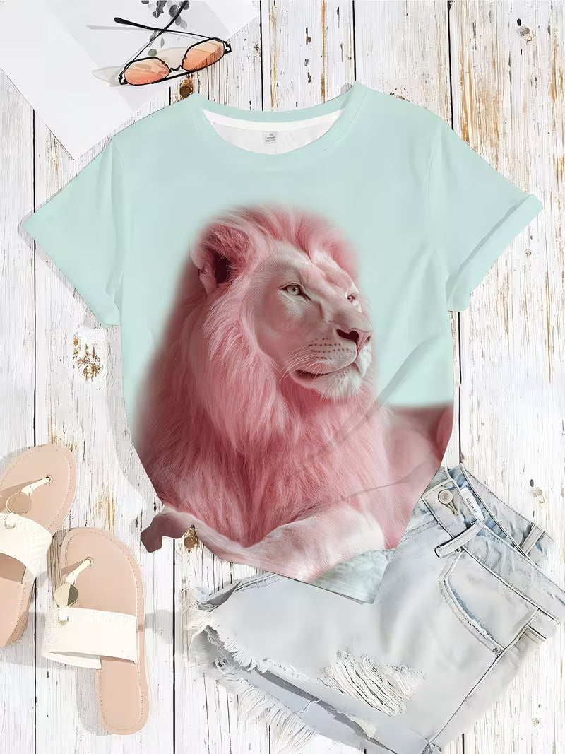 Pink Lion Printed T-shirt | Light Blue Background, Elegant and Comfortable