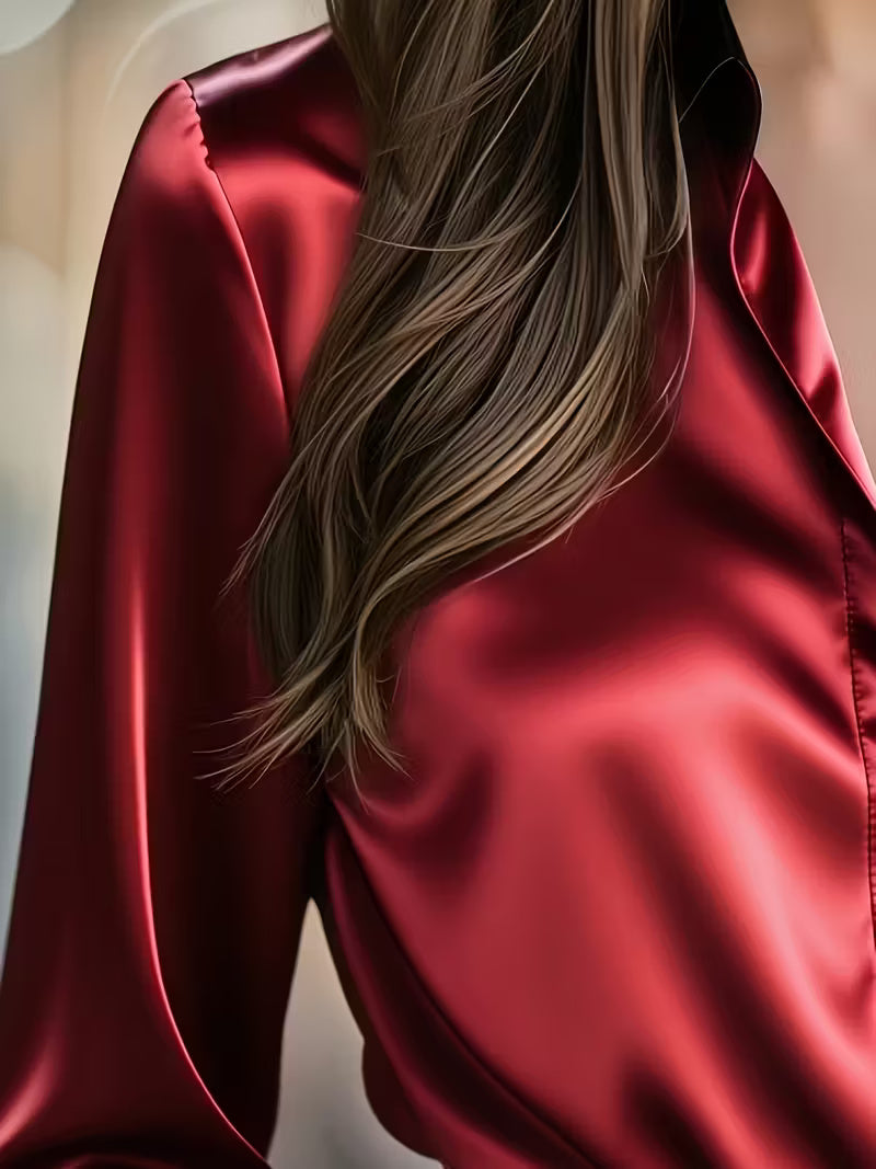 A Stylish Solid Color Satin Shirt Red