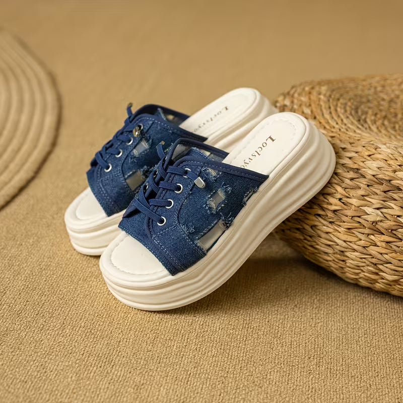 Ladies' White Platform Sandals with a Lace-Up Design And Geometric Pattern Embellishments, Featuring a Casual And Trendy Style Blue