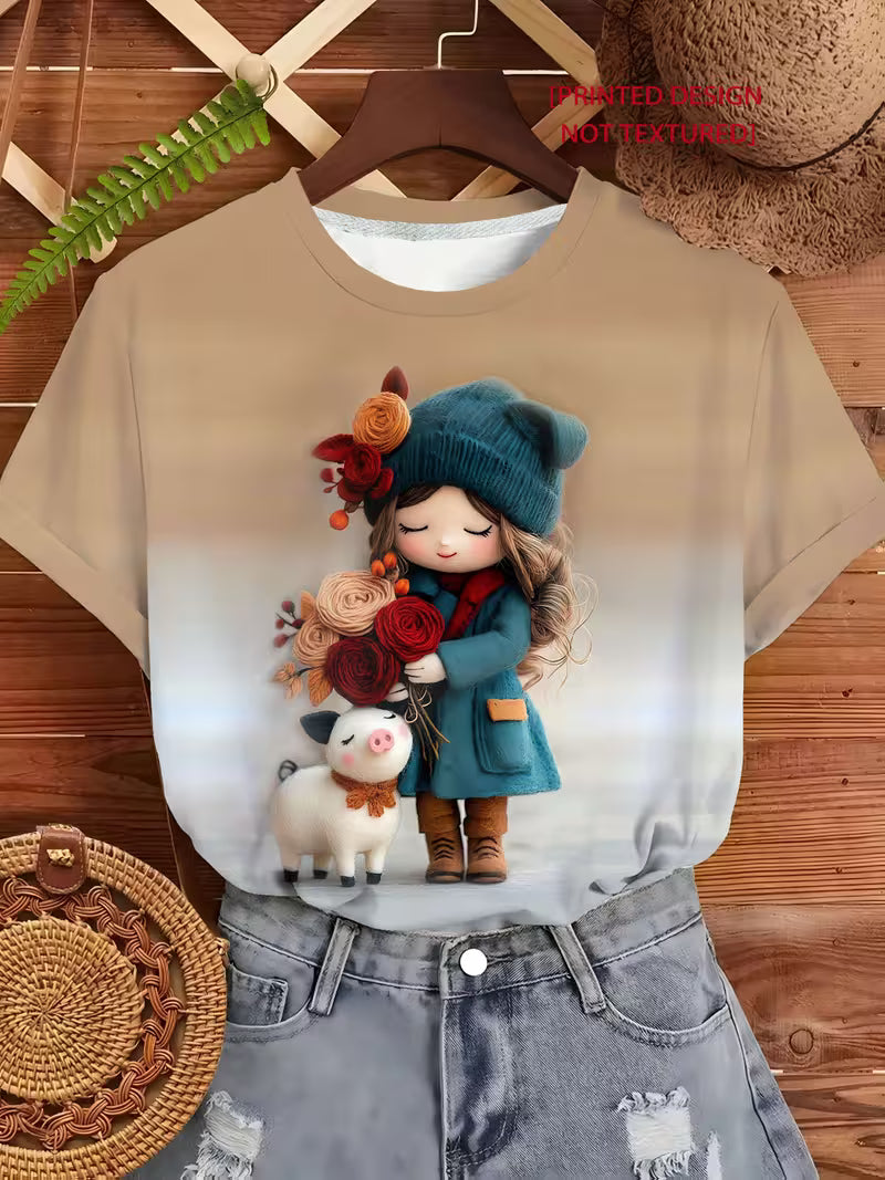 Gentle and Light Toned Outfit! Felt Texture Doll Hugging Flower+piglet Printed T-shirt