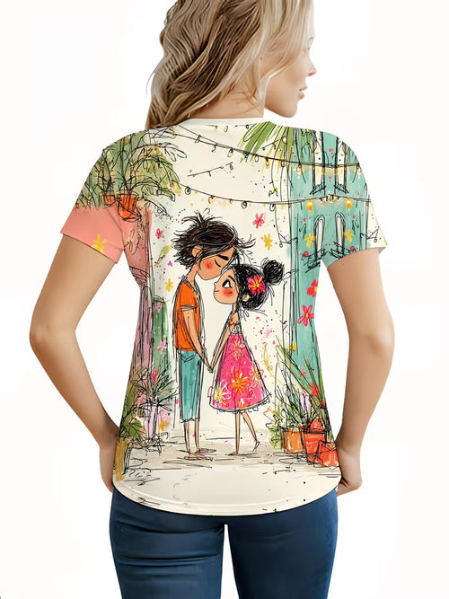 A Casual Round-neck Short-sleeve T-shirt Featuring a Vibrant Valentine's Day Doodle-style Alley Scene