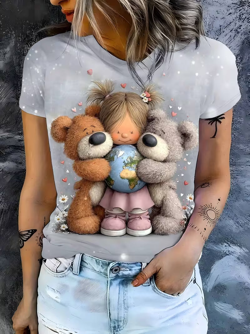 Cute and Teddy Bear Hugging Earth Printed T-shirt