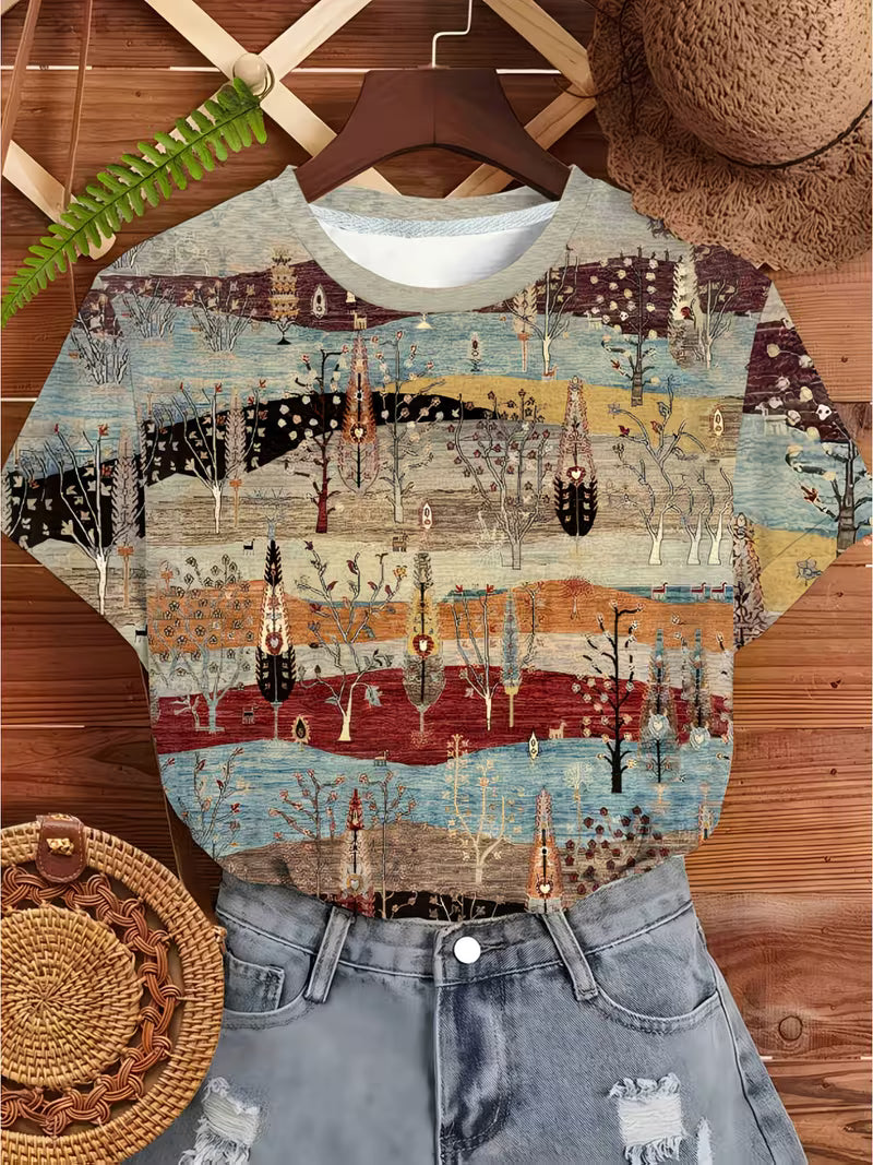 Women's Casual Short-Sleeve T-Shirt - Vintage Harajuku 3D Printed Colorful Layered Tree Landscape and Striped