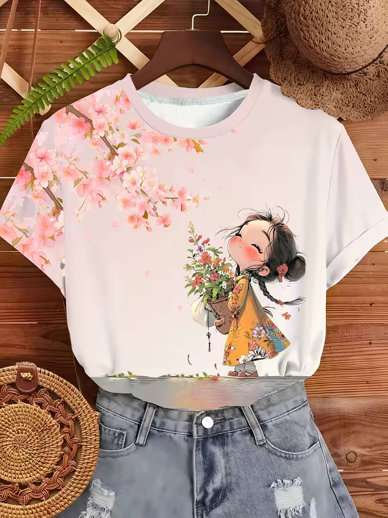 Women's Floral Cat Print T-Shirt