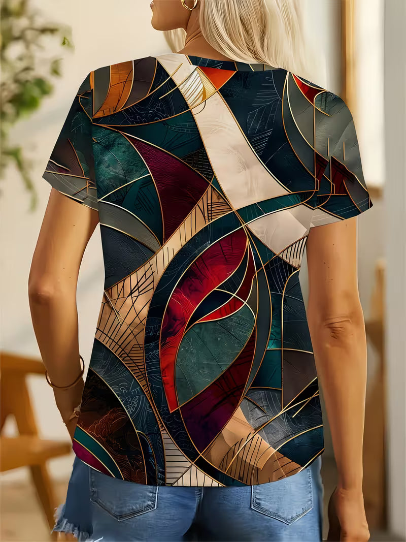 Women'S Stylish Casual T-Shirt Featuring Vibrant All-Over Geometric Patterns