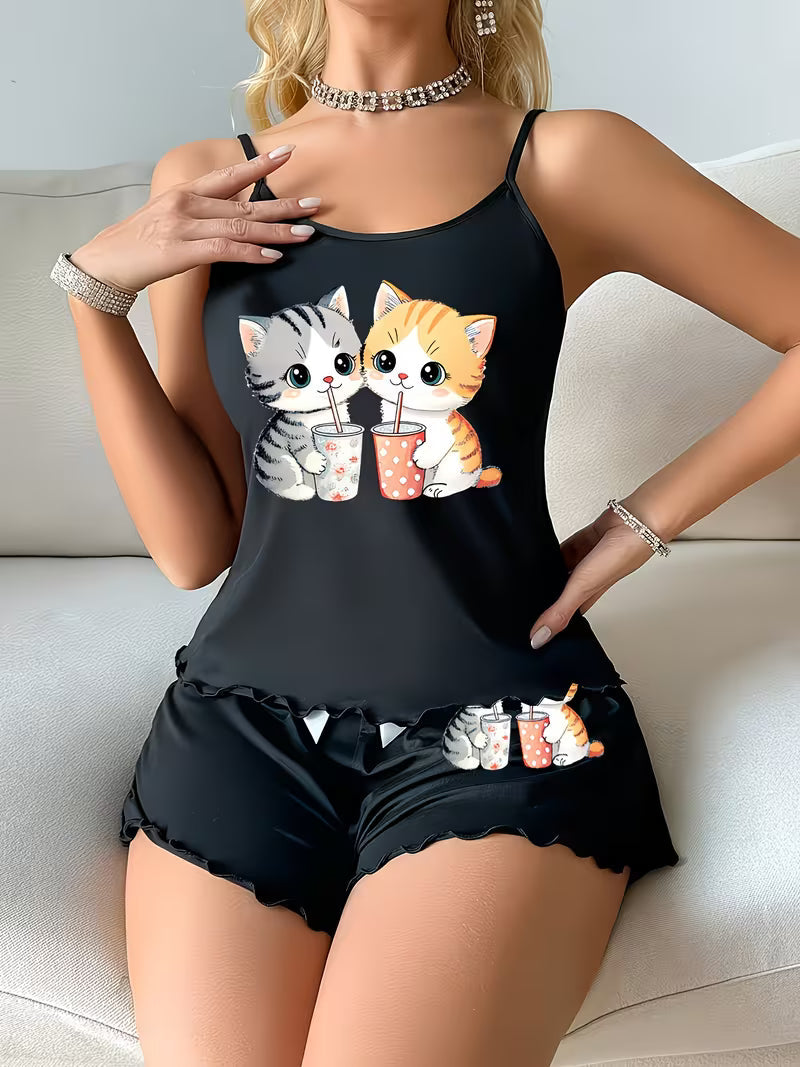 Women's Casual Pajama Set with Cute Cartoon Cat Print and Camisole Shorts