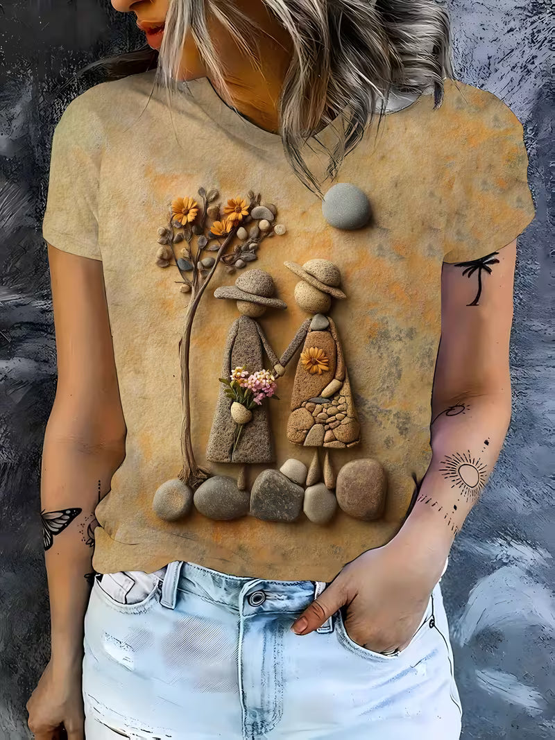 Women's Beige T-Shirt - Elegant Minimalist Stone Pattern Print