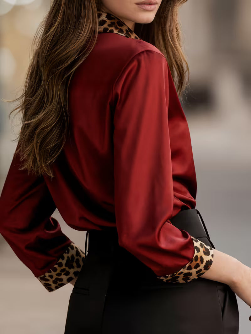 A Stylish Solid Color Satin Shirt Leopard crimson