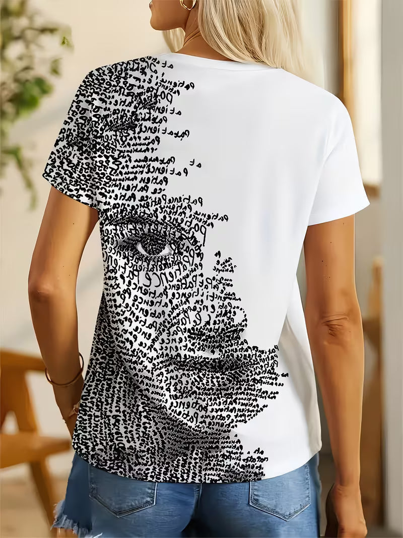 Women's Patience Letter Art Portrait T-Shirt - Abstract '' & 'T' Letter Round Neck Short Sleeve