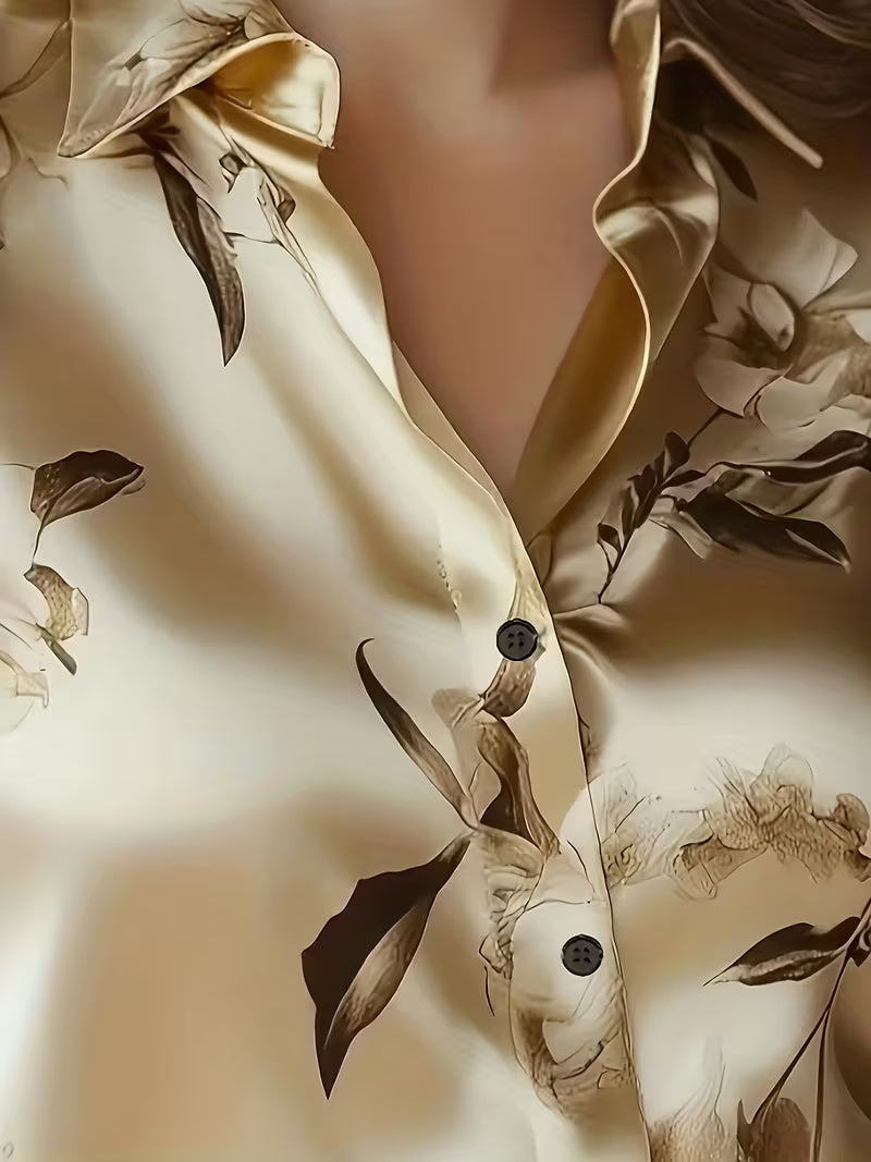 A Stylish Solid Color Satin Shirt Printed Gold