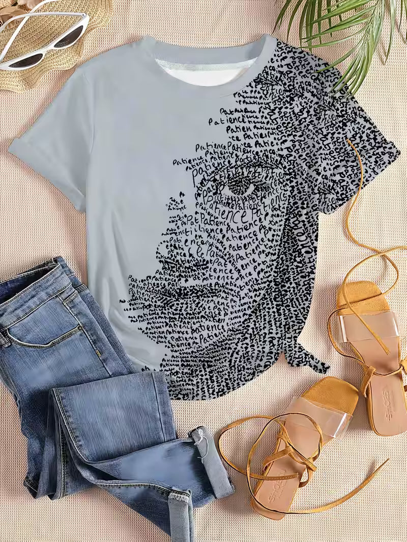 Women's Patience Letter Art Portrait T-Shirt - Abstract '' & 'T' Grey