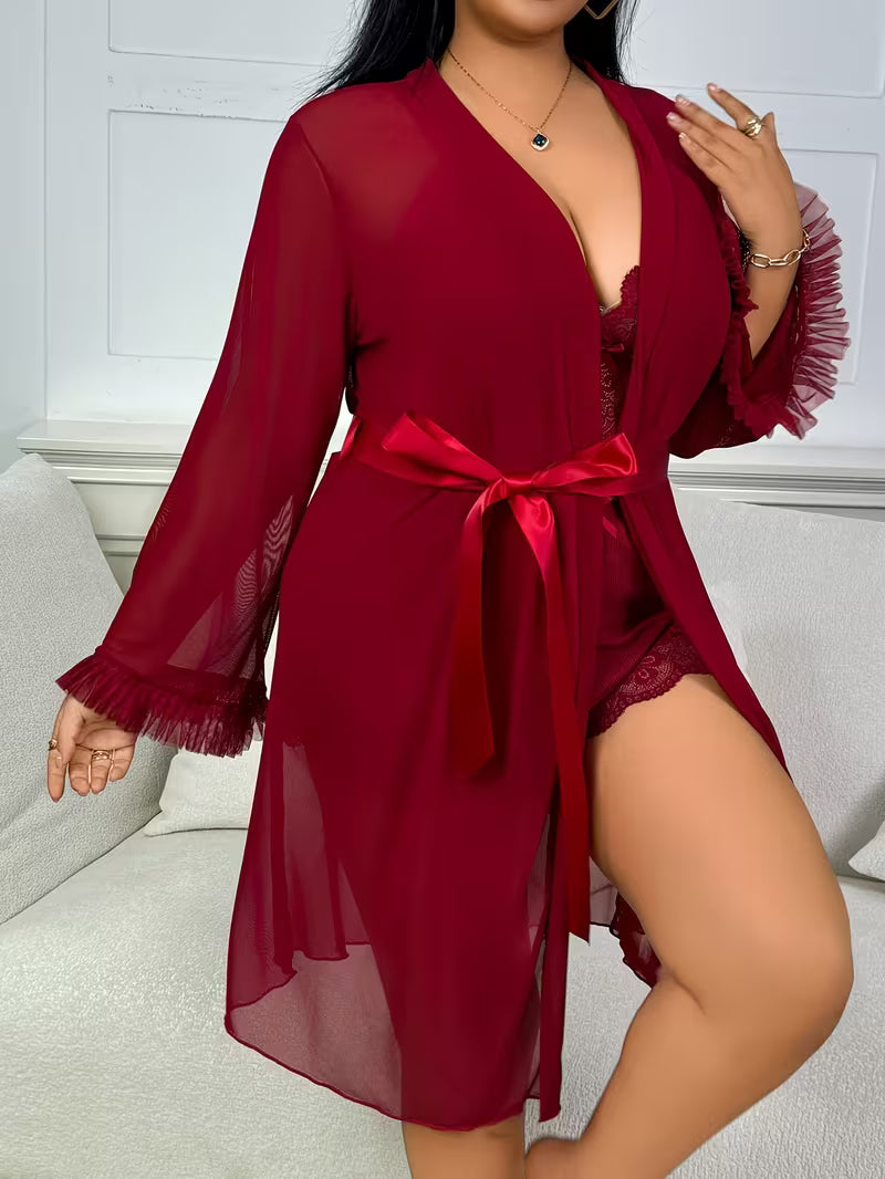 Sexy Lace Camisole Nightgown with Lace Trim, Floral Lace Long-Sleeve Mesh 3pcs Set with Suspender Shorts