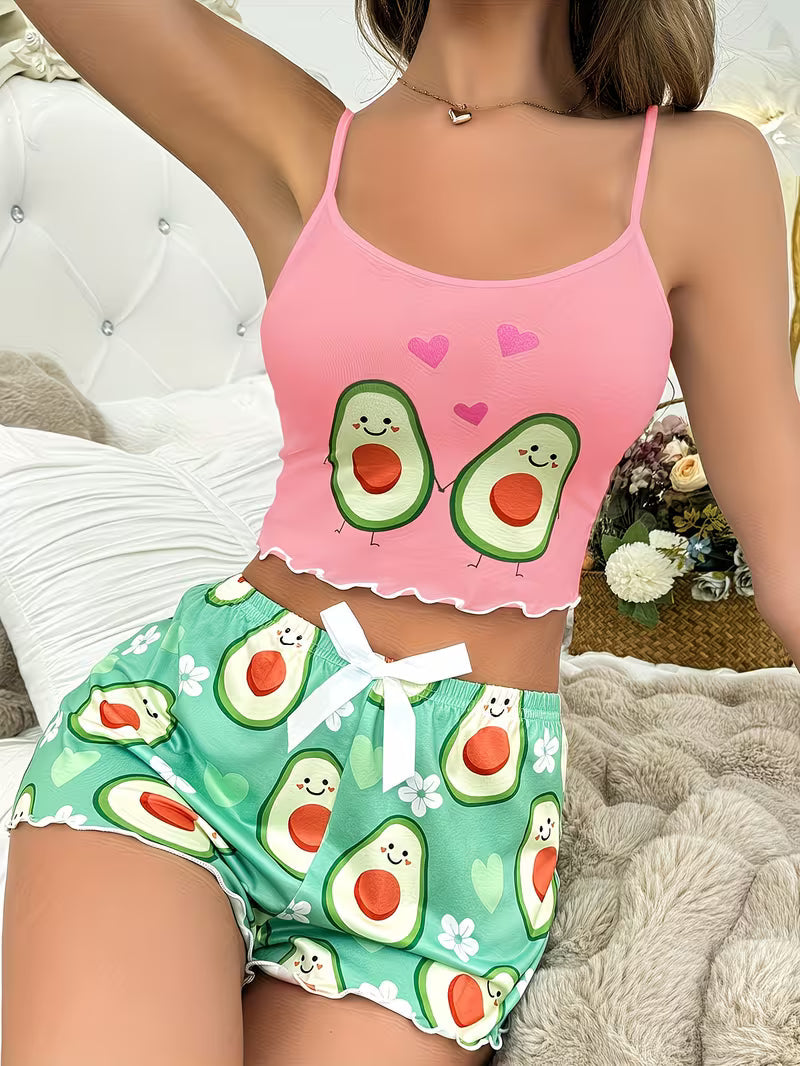 Cute Avocado Print Cami Top and Shorts Set Pink