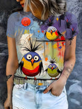 Round-Neck Short-Sleeve T-Shirt with a Quirky Colorful Bird Print, a Stylish And Versatile Piece for Women'S Casual Sportswear