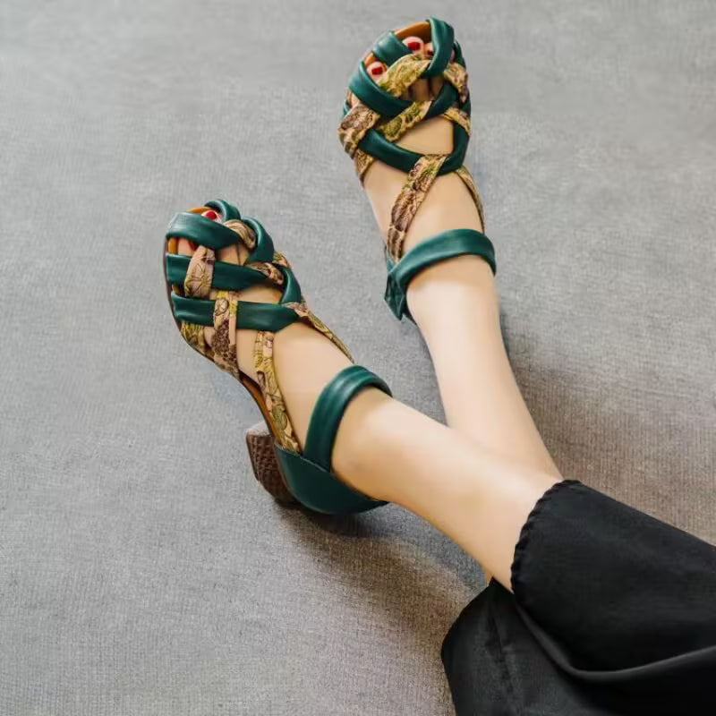 Ethnic Style Color-blocking Lace-up Sandals Women Green