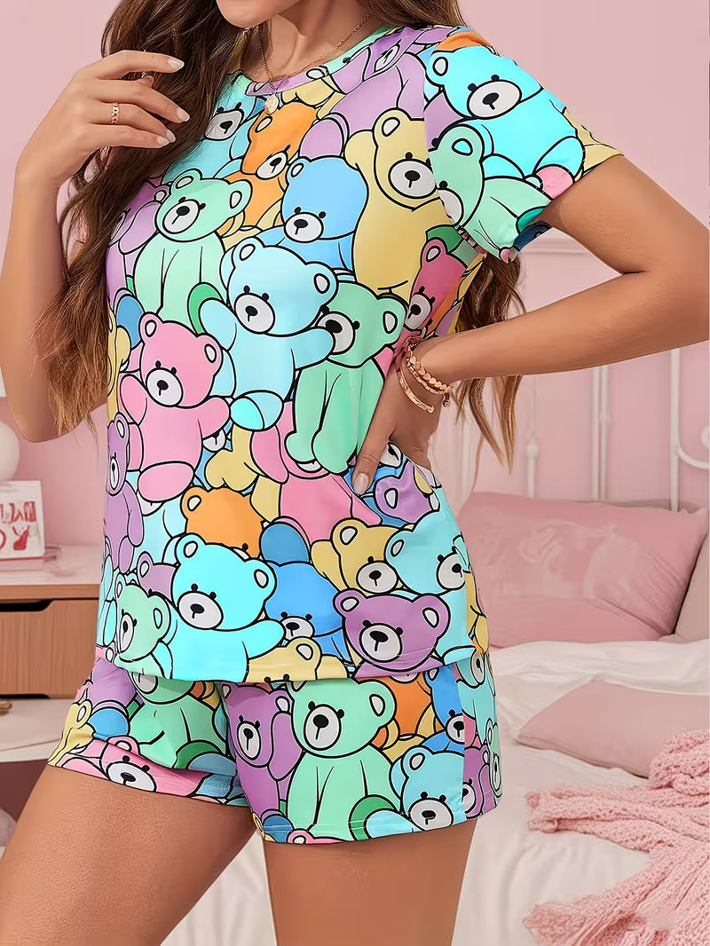 Ladies' Colorful Panda Print, Round Neck Short Sleeve Top And Stretchy Pants, Suitable for Pajamas And Loungewear