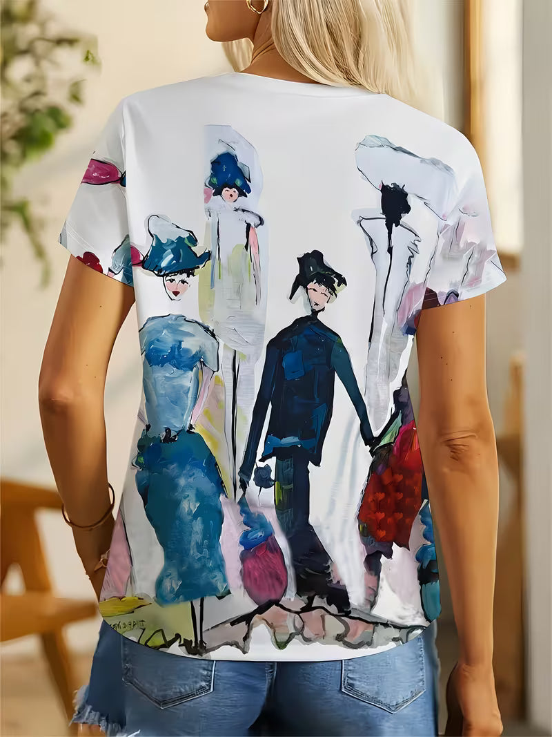 Women's Abstract Art Oil Painting T-Shirt - Vibrant Portrait Print Round Neck Short Sleeve Top