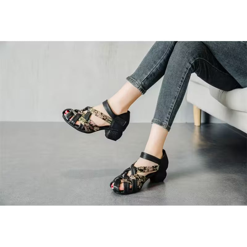 Ethnic Style Color-blocking Lace-up Sandals Women Black