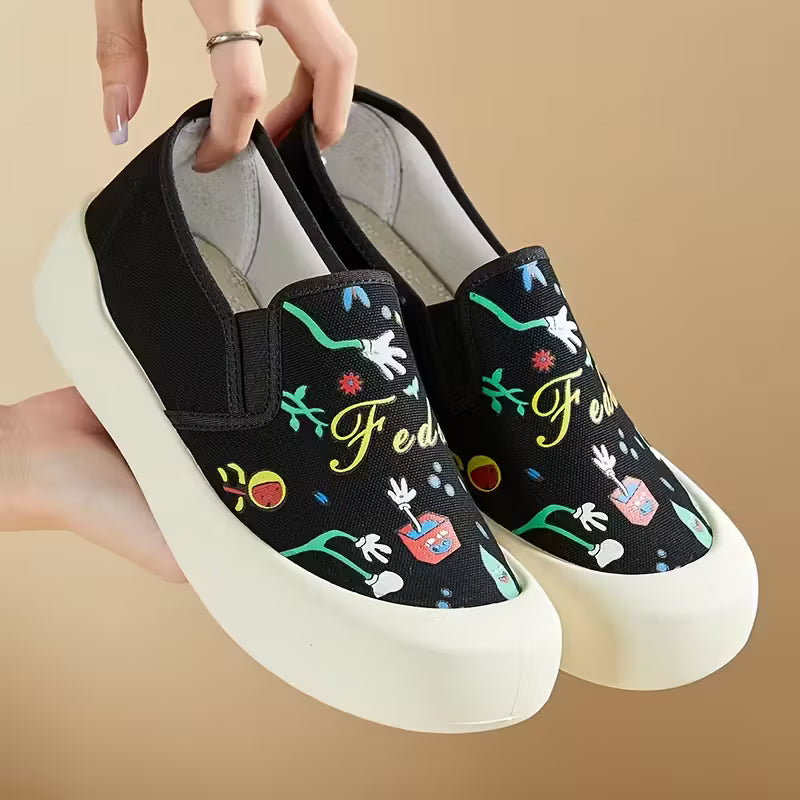 New Women'S Casual Shoes with Printed Breathable Lightweight Design Black