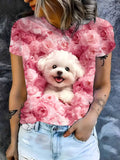 Pink rose and cute dog printed Women's T-shirt, sweet and elegant