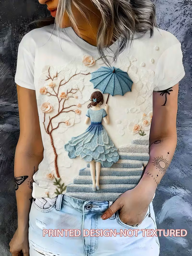 Women's Artistic Visual Three-Dimensional Embroidery Umbrella Flower Tree Staircase Print